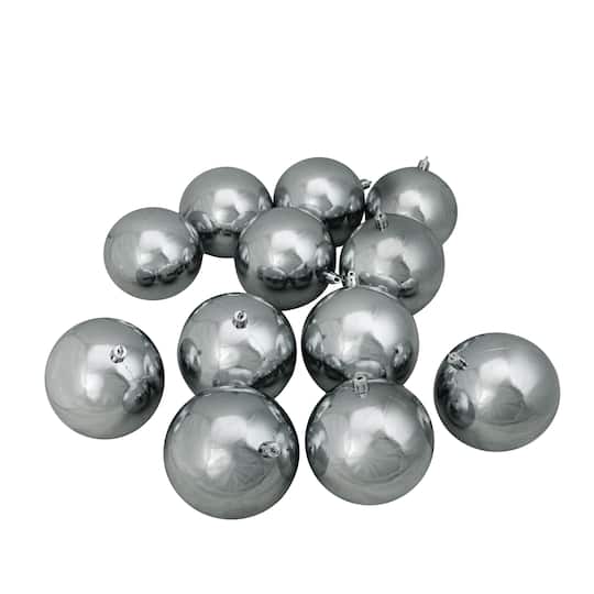12ct. 4" Pewter Gray Shatterproof Shiny Christmas Ball Ornaments